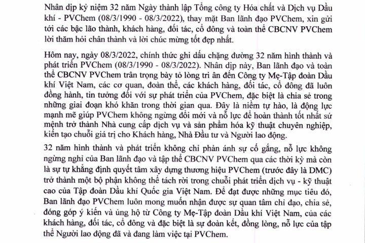 Thư chúc mừng nhân kỷ niệm 32 năm ngày thành lập Tổng công ty PVChem